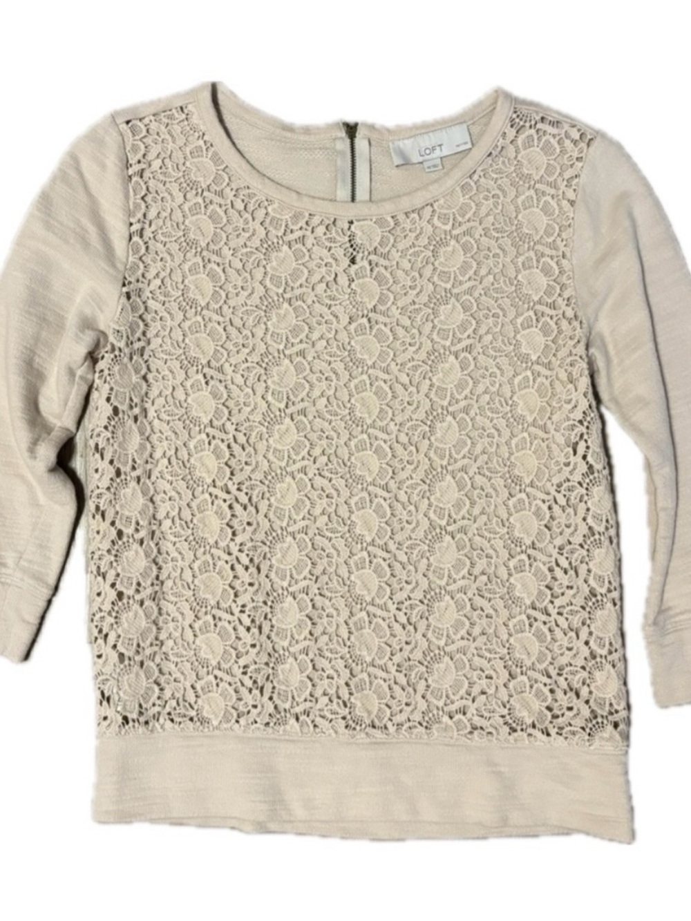 LOFT Petite XS Cream Floral Lace Sweatshirt 3/4 Sleeve Pullover Top Boho
